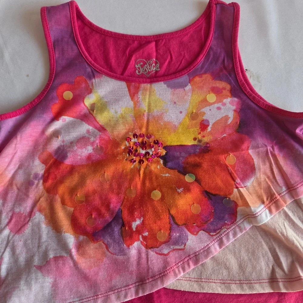 Justice Girls Pink Watercolor Flower Tank Top Sequin Layered Y2K Kidcore Size 12